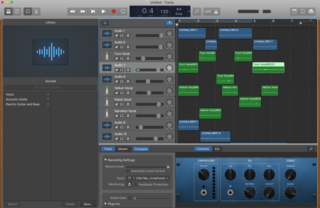 screen shot of garage band with 9 voice tracks