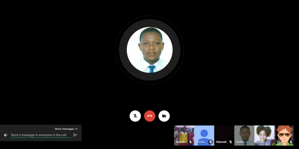 screenshot of Google Hangouts with Sadik in the middle, emma, massly, and celeste below