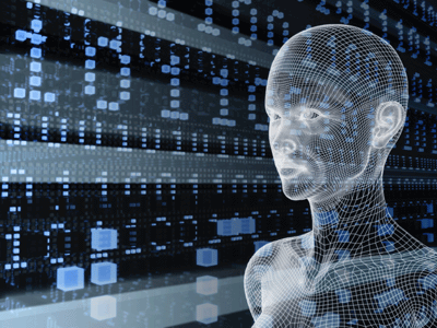 digital body in fron of binary ticker